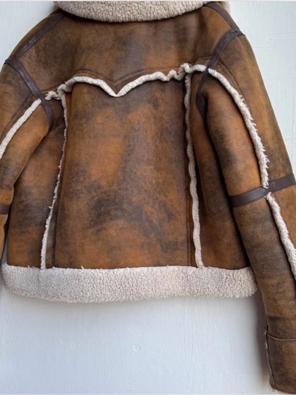 Stand Studio Brown Leather Aviator Jacket with Cream Shearling